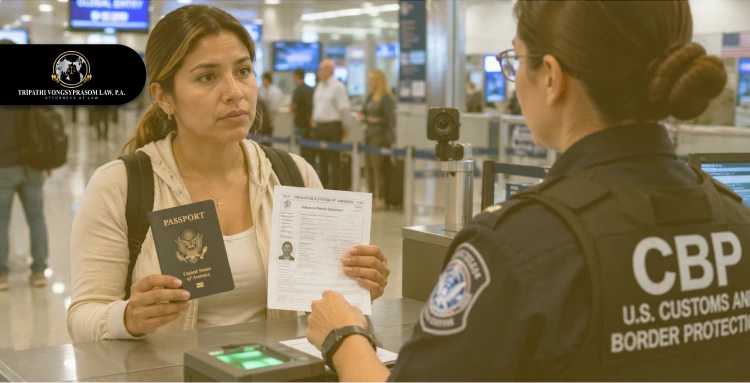 Advance Parole Travel and U.S. Immigration Processing Traveler presenting a passport and advance parole document to a CBP officer at airport immigration