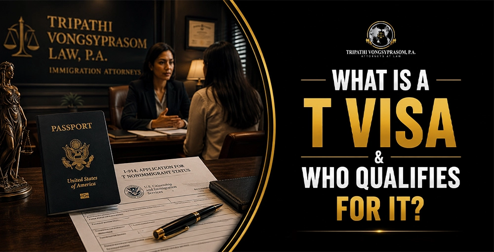 What Is a T Visa and Who Qualifies for It? Immigration attorney consulting a client about T Visa eligibility with a U.S. passport, Form I-914 application, and immigration legal documents.
